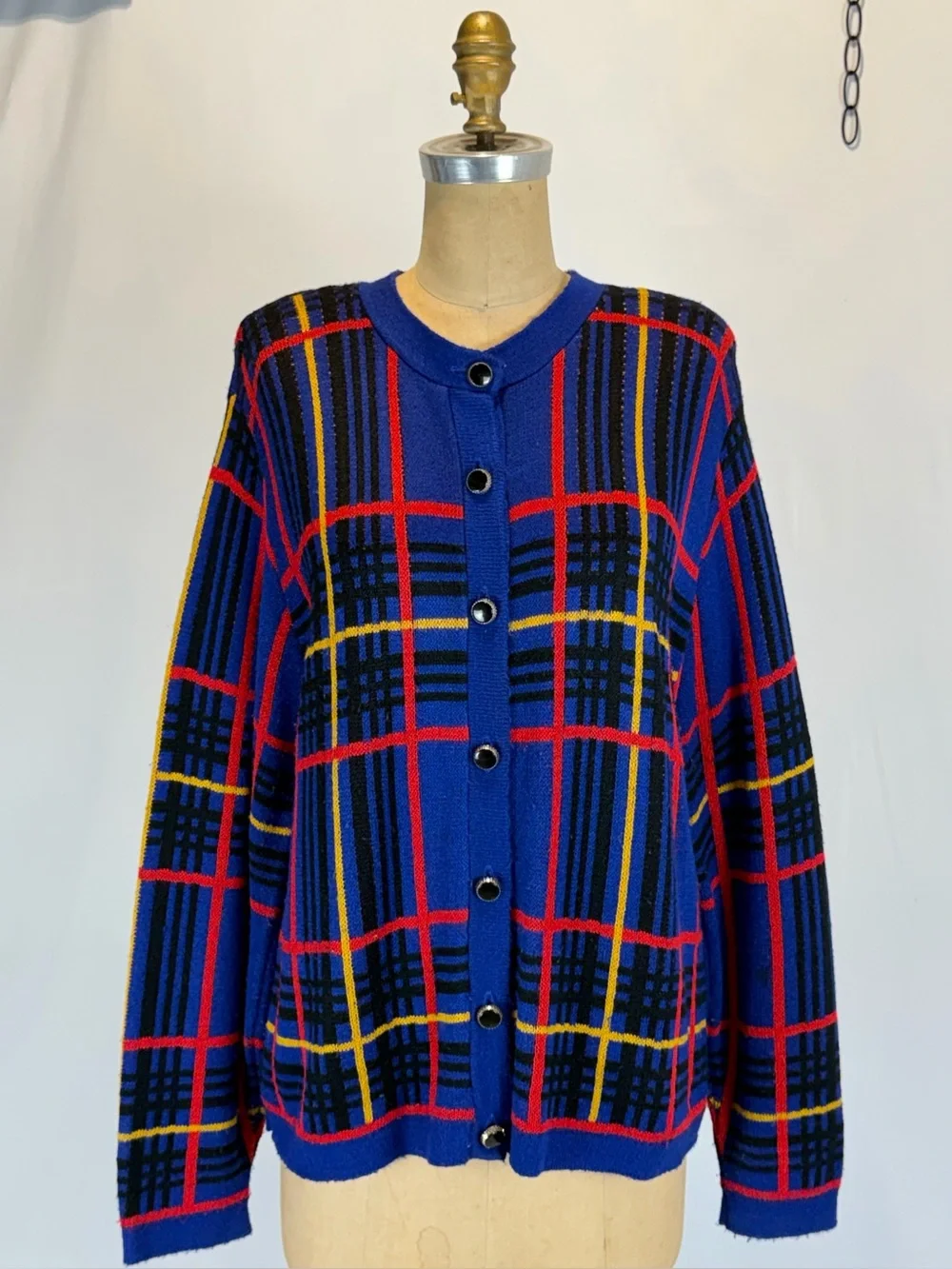 VINTAGE 90s bold funky artsy plaid knit sweater cardigan oversized drop shoulder
